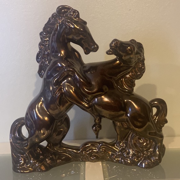 Mid-Century Fighting Stallions Statue Ceramic Bronze Glaze-Vintage 1960’s - Picture 3 of 13